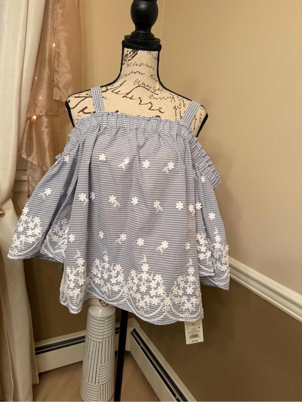 A New Day Off Shoulder Embroidered Blouse Blue Stripe Floral NWT
